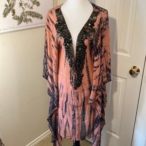 𝅺ALL Saints Spitalfields Yonina Kaftan Sunbleached Coral/Gray 100% Silk Size 10